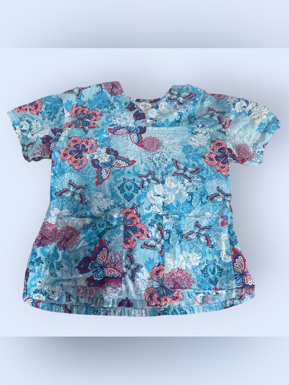 Med Couture Aqua Butterfly Print Vintage Scrub Top